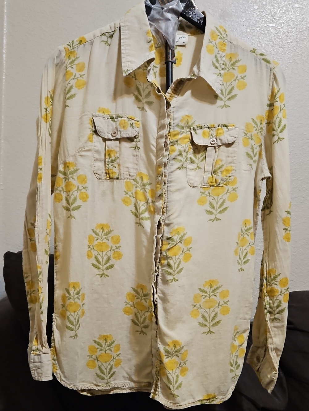 Women's Cream Button-Front Shirt with Yellow Floral Print